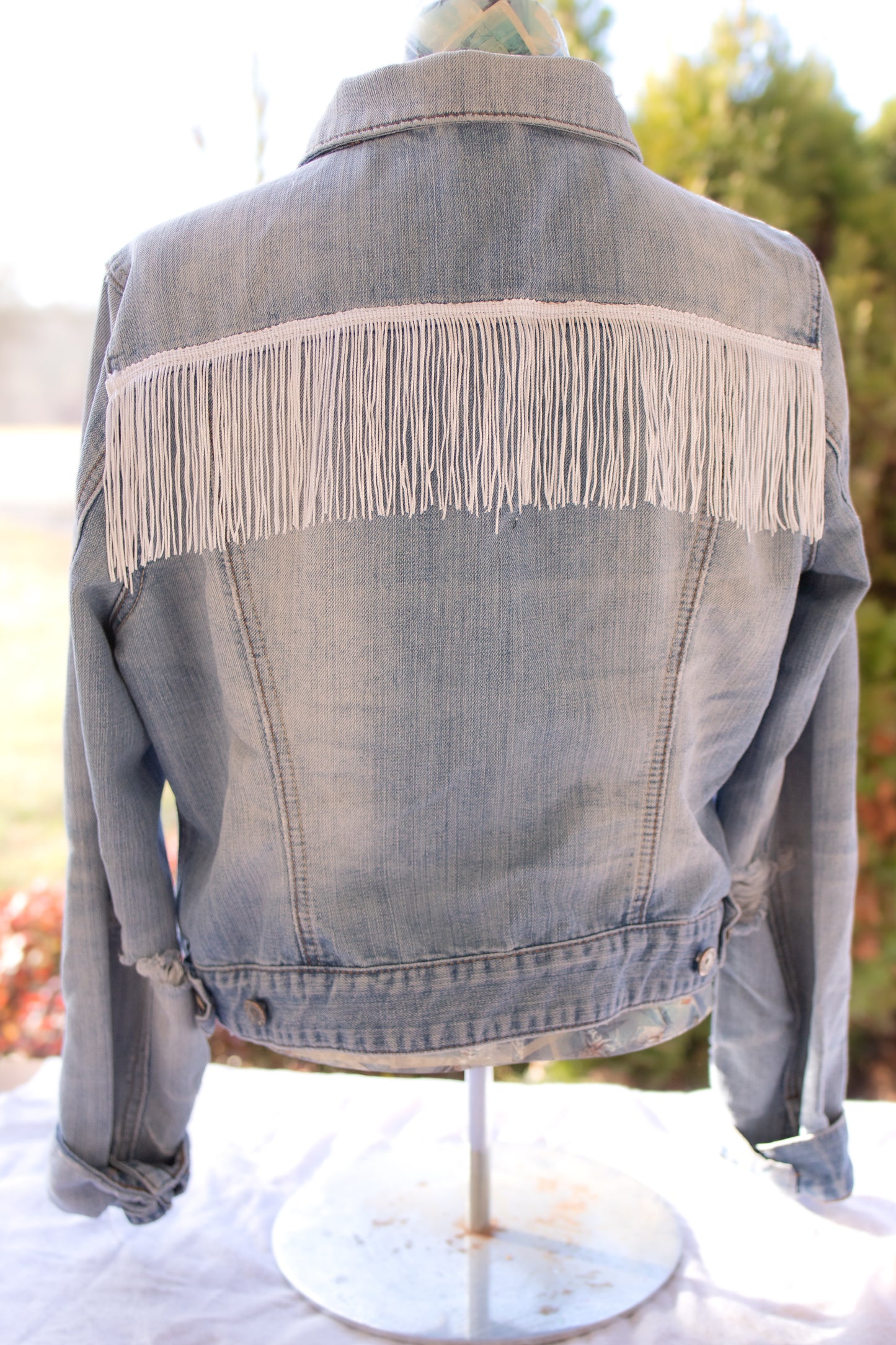 Dazzle in White Denim Fringe Jacket